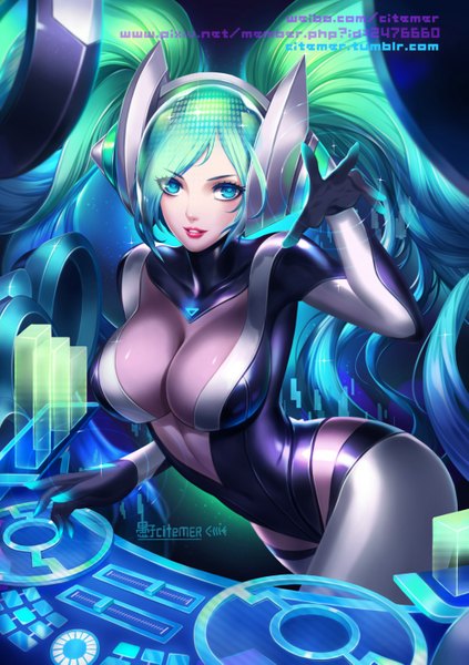 Anime picture 996x1413 with league of legends sona buvelle gu-ko citemer single tall image looking at viewer breasts blue eyes light erotic large breasts twintails very long hair parted lips multicolored hair green hair aqua hair leaning leaning forward outstretched arm gradient hair