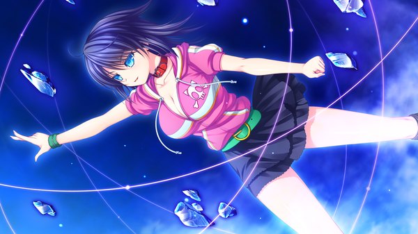 Anime picture 1280x720 with re:birth colony neueblau t milla asami asami short hair breasts open mouth blue eyes light erotic black hair wide image large breasts game cg girl skirt miniskirt bracelet collar crystal