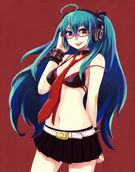 Anime picture 1000x1271 with vocaloid hatsune miku chan co single long hair tall image twintails green eyes ahoge aqua hair :p red background girl skirt navel miniskirt glasses necktie headphones bikini top