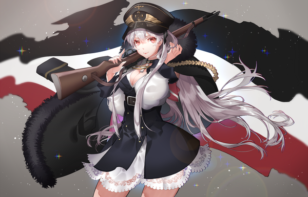 Anime picture 2200x1412 with girls frontline kar98k (girls frontline) qian zhe single looking at viewer fringe highres breasts simple background smile hair between eyes red eyes large breasts holding payot cleavage silver hair upper body long sleeves very long hair