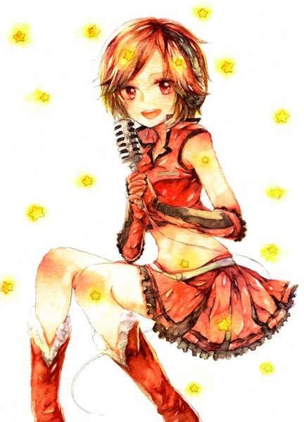 Anime picture 1000x1389 with vocaloid meiko hana (mew) single tall image looking at viewer blush short hair open mouth simple background red eyes brown hair white background sitting traditional media watercolor (medium) girl gloves elbow gloves boots