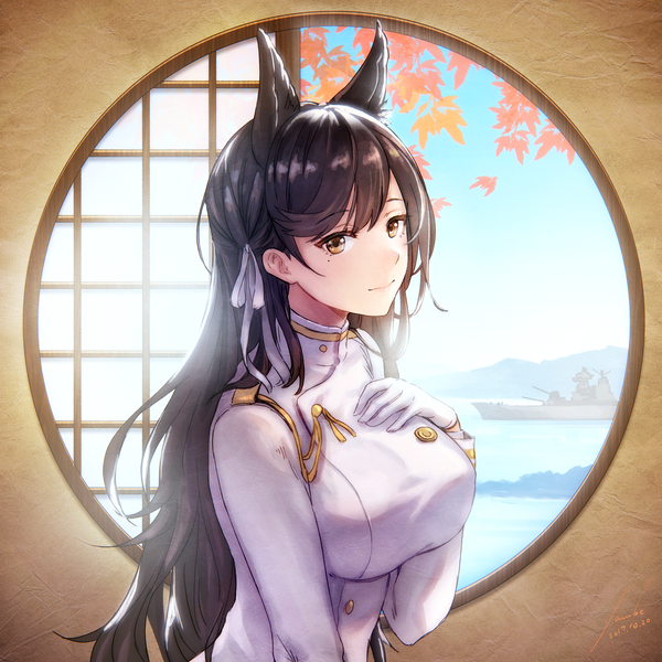 Anime picture 2047x2047 with azur lane atago (azur lane) anbe yoshirou single long hair looking at viewer fringe highres breasts black hair hair between eyes large breasts signed animal ears yellow eyes sky upper body mole mole under eye hand on chest
