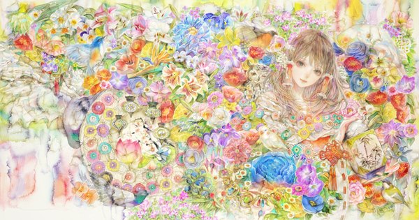 Anime picture 1700x894 with touhou hakurei reimu yogisya single long hair looking at viewer fringe brown hair wide image light smile wide sleeves grey eyes multicolored girl flower (flowers) animal bird (birds) rose (roses) jewelry hair tubes