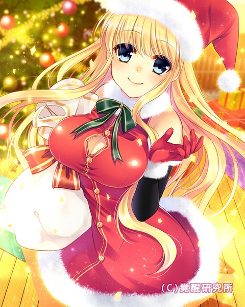 Anime picture 800x1000 with original ainili (artist) single long hair tall image looking at viewer blush breasts blue eyes blonde hair smile fur trim christmas merry christmas girl dress gloves elbow gloves fur santa claus hat