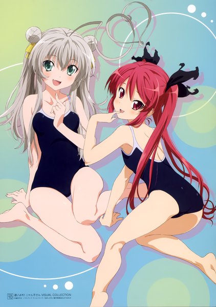 Anime picture 1967x2797 with haiyore! nyaruko-san nyaruko cthugha (nyaruko-san) washida toshiya long hair tall image looking at viewer blush highres breasts open mouth light erotic smile red eyes sitting twintails bare shoulders multiple girls green eyes silver hair