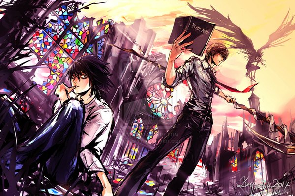 Anime picture 1024x683 with death note madhouse yagami light l (death note) ryuk zzyzzyy short hair black hair brown hair standing sitting signed sky black eyes multiple boys finger to mouth ruins boy weapon wings