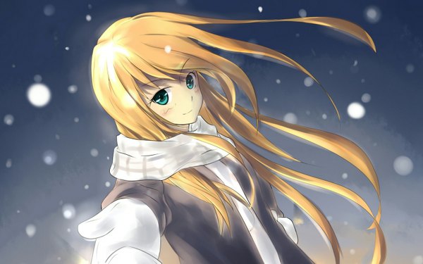 Anime picture 1440x900 with ore no imouto ga konna ni kawaii wake ga nai kousaka kirino phantania single long hair looking at viewer fringe blonde hair simple background smile standing aqua eyes wind open clothes open jacket outstretched arm dark background girl jacket scarf