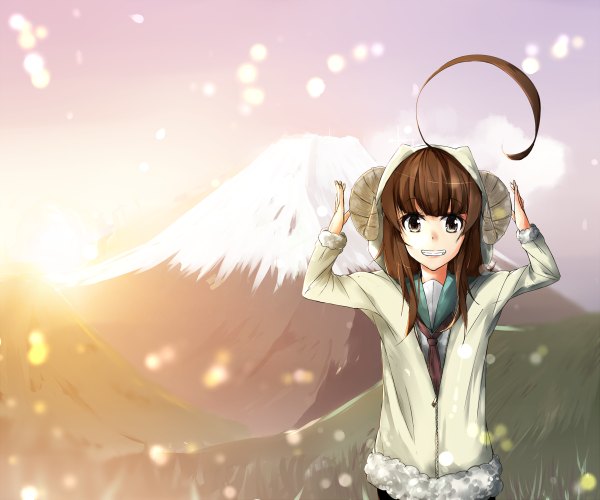 Anime picture 1200x1000 with kantai collection kuma light cruiser koiru (artist) single long hair looking at viewer fringe open mouth brown hair standing sunlight open clothes open jacket grey eyes mountain sunbeam clenched teeth girl plant (plants) jacket