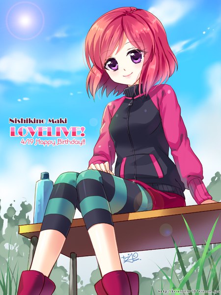 Anime picture 675x900 with love live! school idol project sunrise (studio) love live! nishikino maki trianon single tall image short hair smile sitting purple eyes signed pink hair sky arm support copyright name character names happy birthday girl leggings