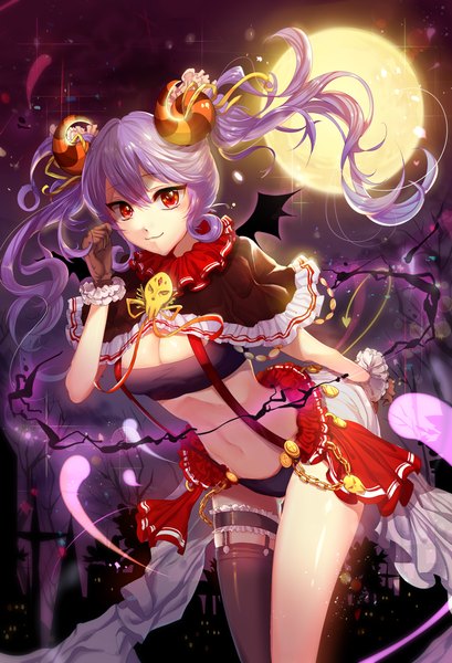Anime picture 1000x1467 with sword girls sem single long hair tall image looking at viewer red eyes twintails purple hair horn (horns) night pantyshot ghost girl gloves navel underwear panties wings moon