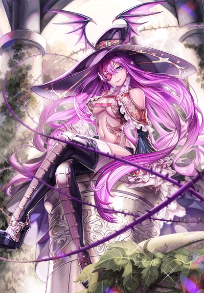 Anime picture 1200x1724 with original bbbox (hotpppink) single tall image looking at viewer fringe breasts light erotic purple eyes pink hair purple hair very long hair light smile crossed legs head wings girl navel hat wings witch hat