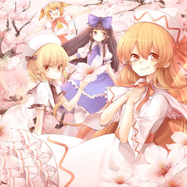 Anime picture 2500x2500 with touhou lily white star sapphire luna child sunny milk rojiko long hair highres short hair open mouth blue eyes black hair blonde hair smile red eyes multiple girls orange hair cherry blossoms girl dress