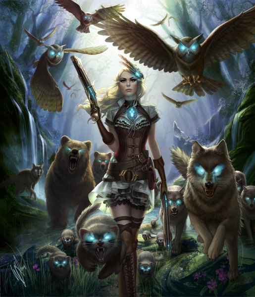Anime picture 726x845 with outcast odyssey (card game) maggie darwin (outcast odyssey) warrenlouw single long hair tall image looking at viewer blonde hair green eyes lips mole mole under eye steam punk girl gloves weapon plant (plants) animal tree (trees) boots