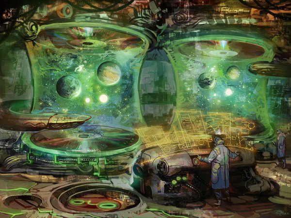 Anime picture 1500x1125 with original dan (artist) signed wallpaper scenic mechanical science fiction planet