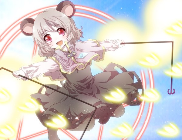 Anime picture 1608x1239 with touhou nazrin kuromame (8gou) single looking at viewer fringe short hair open mouth red eyes animal ears sky silver hair long sleeves magic happy spread arms jumping mouse ears danmaku girl
