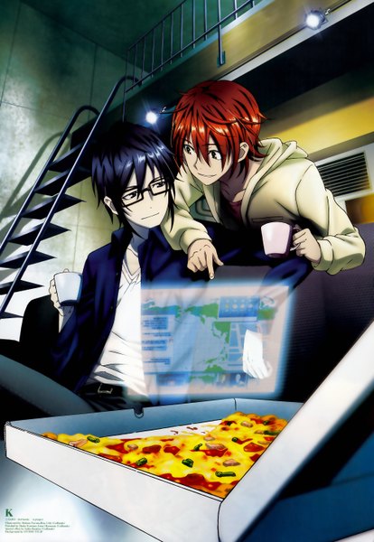 Anime picture 2000x2896 with k-project gohands (studio) fushimi saruhiko misaki yata tall image highres short hair smile blue hair red hair light smile scan official art multiple boys boy glasses food 2 boys stairs mug