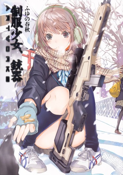Anime picture 1714x2442 with fuyuno haruaki single tall image highres light erotic brown hair brown eyes absurdres ass scan inscription pantyshot outstretched arm hieroglyph plaid skirt snowing winter pantyshot sitting snow convenient censoring