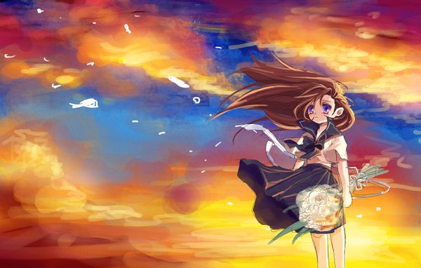 Anime picture 1447x923 with original okuma mai single long hair brown hair standing purple eyes sky cloud (clouds) pleated skirt wind evening sunset girl uniform bow school uniform bouquet