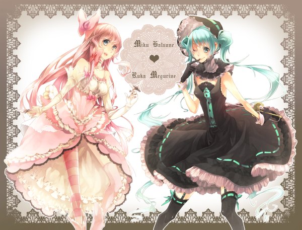 Anime picture 1500x1143 with vocaloid hatsune miku megurine luka tsukudato long hair blue eyes twintails bare shoulders multiple girls pink hair one eye closed green hair wink lolita fashion girl thighhighs dress gloves bow 2 girls