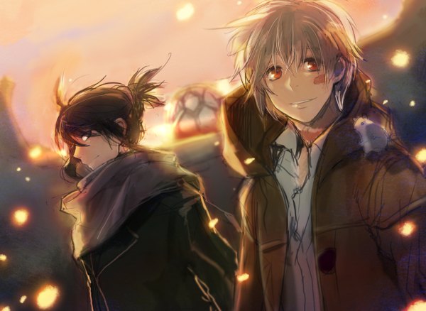 Anime picture 2000x1460 with no.6 studio bones nezumi (no.6) shion (no.6) rowe highres short hair black hair smile red eyes profile grey hair facial mark face paint boy animal jacket scarf coat mouse