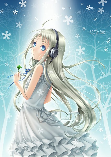 Anime picture 707x1000 with ano hi mita hana no namae wo bokutachi wa mada shiranai a-1 pictures honma meiko tidsean single long hair tall image blue eyes bare shoulders looking away silver hair girl dress flower (flowers) headphones sundress