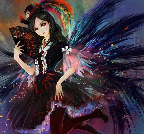Anime picture 1100x1024 with original wayne chan single long hair looking at viewer black hair red eyes girl dress hat pantyhose black pantyhose feather (feathers) fan
