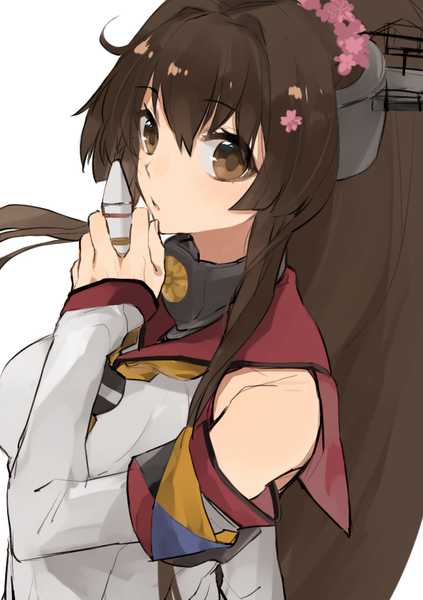 Anime picture 595x842 with kantai collection yamato super battleship hita (hitapita) single long hair tall image looking at viewer fringe simple background hair between eyes brown hair white background bare shoulders brown eyes ponytail hair flower from above girl uniform hair ornament