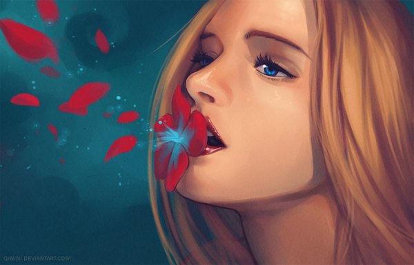 Anime picture 1400x900 with original qinni (artist) single long hair open mouth blue eyes blonde hair signed realistic lipstick close-up blue background face glow girl flower (flowers) petals