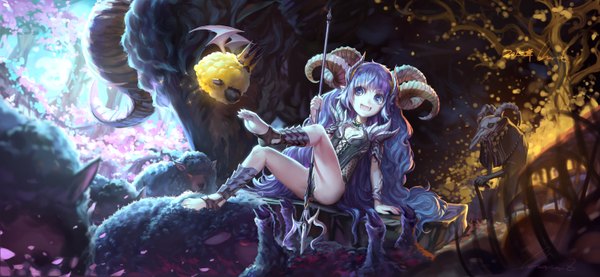 Anime picture 1500x694 with original observerz open mouth blue eyes light erotic wide image sitting signed blue hair very long hair barefoot horn (horns) teeth fang (fangs) demon girl fantasy skeleton girl animal petals