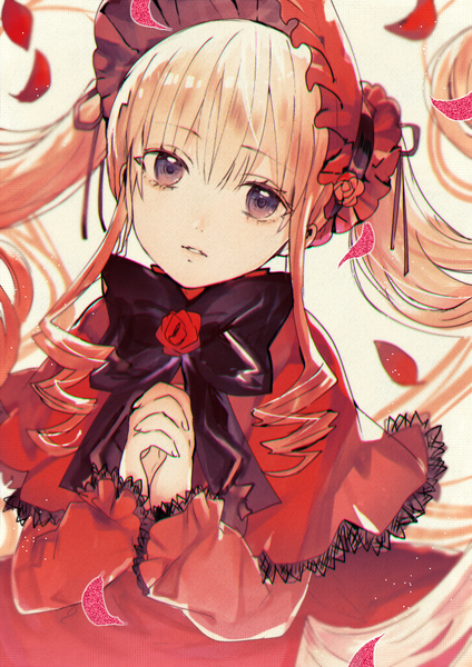Anime picture 800x1131 with rozen maiden shinku poni (rito) single tall image looking at viewer fringe blonde hair twintails purple eyes payot upper body very long hair parted lips blurry depth of field drill hair interlocked fingers girl dress