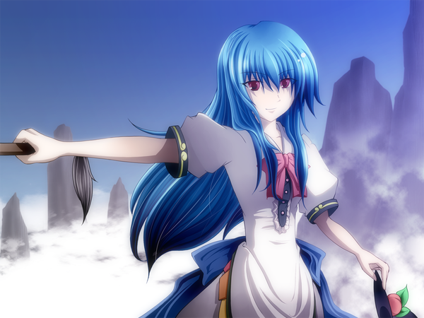 Anime picture 1200x900 with touhou hinanawi tenshi s-syogo long hair red eyes blue hair hat removed headwear removed girl