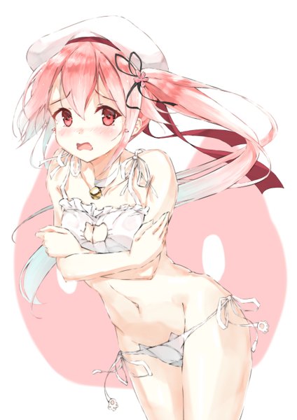 Anime picture 1000x1414 with kantai collection harusame destroyer daitai sotogawa (futomomo) single long hair tall image blush fringe open mouth light erotic simple background hair between eyes white background bare shoulders looking away pink hair ass pink eyes bare belly bare legs