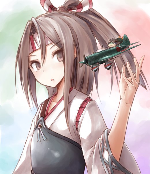 Anime picture 1040x1200 with kantai collection zuihou light aircraft carrier fairy (kantai collection) buran (kure) long hair tall image blush short hair open mouth hair between eyes brown hair multiple girls brown eyes looking away ponytail traditional clothes minigirl girl 2 girls hairband