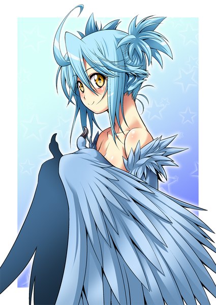 Anime picture 709x1000 with monster musume no iru nichijou papi (monster musume) kouda tomohiro single tall image looking at viewer blush fringe short hair light erotic simple background smile bare shoulders yellow eyes blue hair no bra framed monster girl girl wings