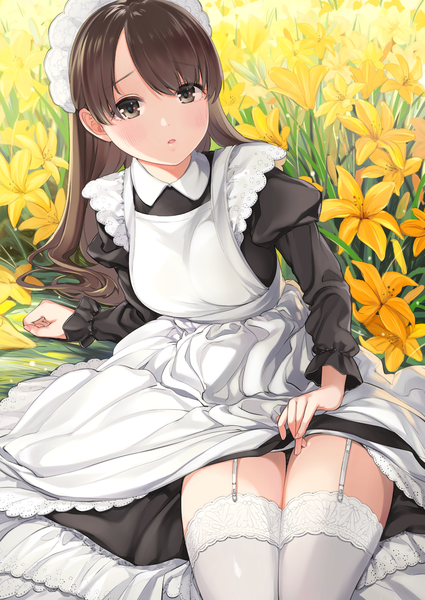 Anime picture 1000x1412 with original megumoke single long hair tall image looking at viewer blush fringe brown hair sitting brown eyes parted lips hair over one eye arm support :o maid zettai ryouiki puffy sleeves thighs skirt lift