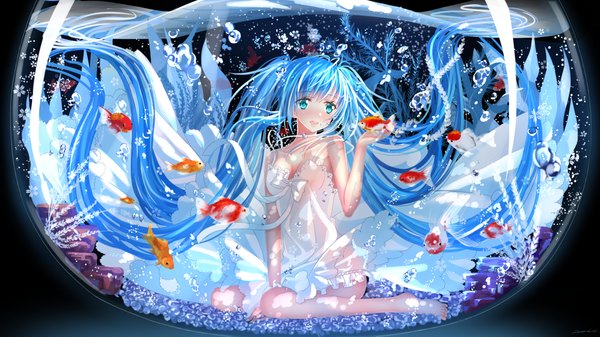 Anime picture 1920x1080 with vocaloid hatsune miku swordsouls single blush highres open mouth wide image twintails very long hair aqua eyes aqua hair underwater girl dress animal sundress bubble (bubbles) fish (fishes) aquarium