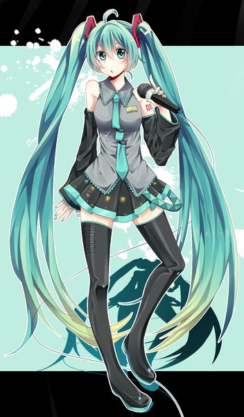 Anime picture 1000x1700 with vocaloid hatsune miku single tall image looking at viewer twintails very long hair aqua eyes aqua hair girl skirt hair ornament detached sleeves necktie thigh boots microphone
