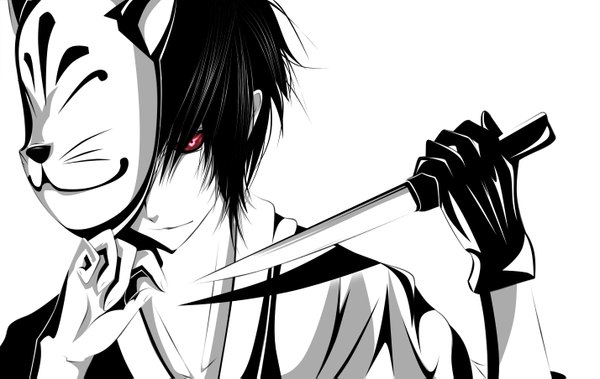 Anime picture 1428x903 with code geass sunrise (studio) lelouch lamperouge leon lampard single short hair black hair simple background red eyes white background traditional clothes monochrome mask on head boy weapon mask single glove knife fox mask