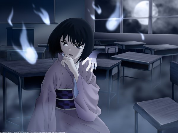 Anime picture 1600x1200 with ghost hunt j.c. staff hara masako single fringe short hair open mouth looking away indoors traditional clothes japanese clothes night wide sleeves classroom fog scared girl window moon obi