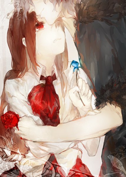 Anime picture 700x980 with ib (game) garry (ib) ib (ib) juexing (moemoe3345) long hair tall image fringe smile red eyes brown hair holding looking up bleeding girl boy flower (flowers) shirt white shirt rose (roses) blood