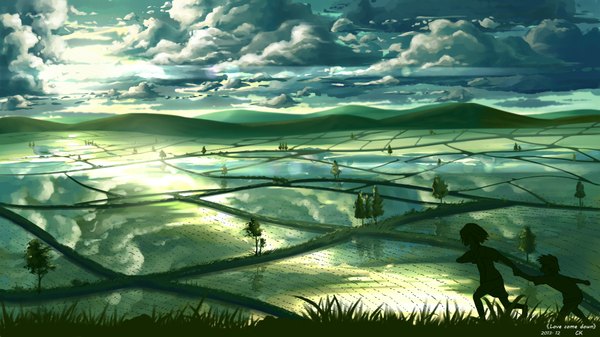 Anime picture 1920x1080 with original yuko-san highres short hair wide image holding signed sky cloud (clouds) holding hands reflection mountain silhouette running field plant (plants) tree (trees) grass child (children)