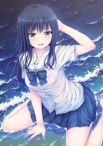 Anime picture 1378x1949 with original nakamura sumikage single long hair tall image looking at viewer blush open mouth blue eyes smile sitting blue hair barefoot from above arm support thighs wariza wet clothes hand on head between legs