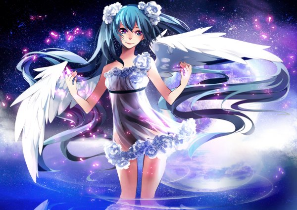 Anime picture 1200x849 with vocaloid hatsune miku squchan fringe smile standing twintails looking away very long hair hair flower aqua hair alternate costume legs reflection angel wings white wings glow girl dress hair ornament