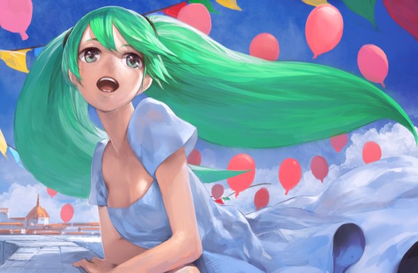 Anime picture 1000x653 with vocaloid hatsune miku toro single long hair open mouth twintails looking away aqua eyes aqua hair girl dress sundress balloon string of flags