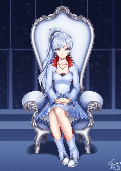 Anime picture 2480x3508 with rwby rooster teeth weiss schnee zerg309 long hair tall image looking at viewer highres blue eyes silver hair ponytail girl dress boots