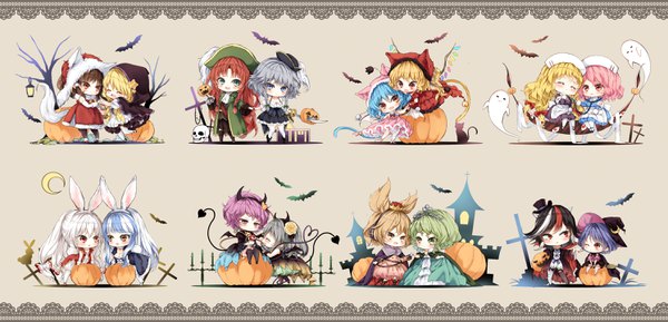 Anime picture 2987x1443 with touhou hakurei reimu flandre scarlet remilia scarlet kirisame marisa izayoi sakuya yakumo yukari saigyouji yuyuko komeiji koishi komeiji satori fujiwara no mokou hong meiling kamishirasawa keine toyosatomimi no miko kijin seija soga no tojiko sukuna shinmyoumaru piyokichi long hair blush