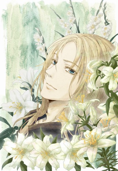 Anime picture 1016x1476 with guilty crown production i.g tsutsugami gai single long hair tall image looking at viewer blue eyes blonde hair smile boy flower (flowers) leaf (leaves)