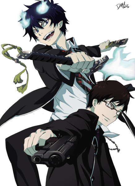 Anime picture 1024x1409 with ao no exorcist a-1 pictures okumura rin okumura yukio daalart (eyegame) tall image short hair open mouth blue eyes smile brown hair purple hair coloring magic transparent background boy weapon sword glasses necktie