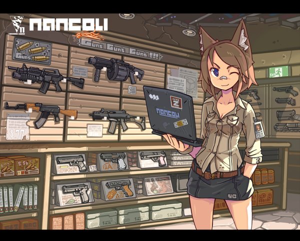 Anime picture 1500x1206 with original nancou (nankou) single short hair blue eyes brown hair animal ears one eye closed wink hand in pocket girl skirt weapon miniskirt shirt gun assault rifle laptop