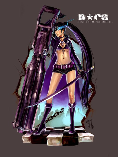 Anime picture 1477x1963 with black rock shooter black rock shooter (character) manusia-no-31 single long hair tall image blue eyes black hair simple background standing twintails very long hair glowing scar glowing eye (eyes) checkered floor girl weapon sword shorts